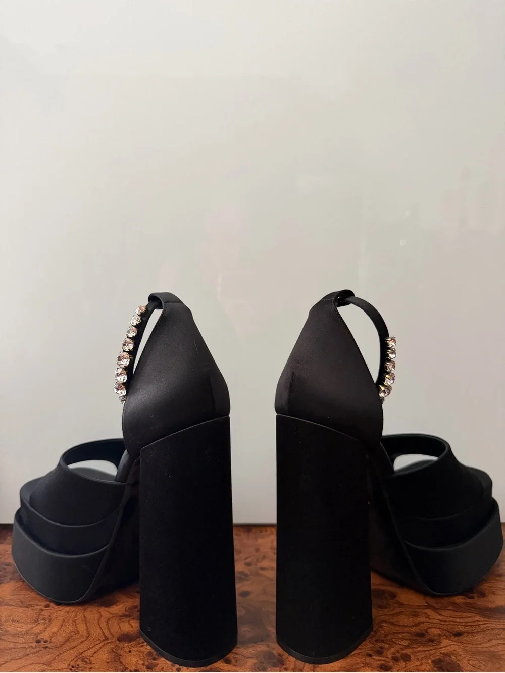 Versace Black Platform Block-Heel Sandals with Gold Chain Ankle Strap